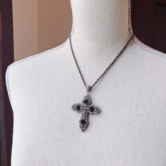 Gothic Cross Necklace Black Glass Rhinestone Silver Tone Statement Faith Pendant - Picture 2 of 13